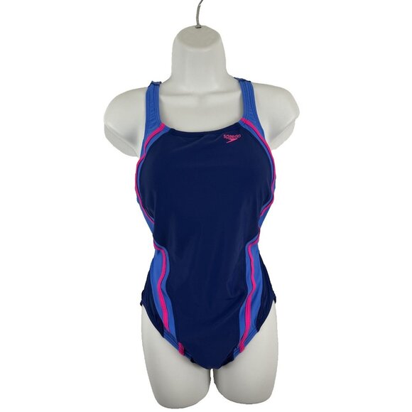 Speedo Power Flex Eco One-Piece Blue & Pink Suit Women’s Size 12 - Picture 1 of 7